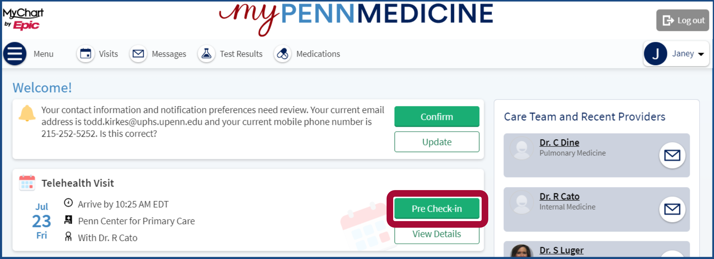 My Penn Medicine page with pre check in highlighted